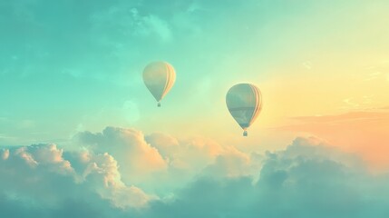 Naklejka premium Whimsical Hot Air Balloons Soaring Through Colorful Clouds