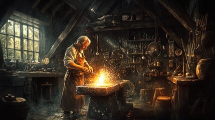 A blacksmith hobbyist at work, hammering a glowing piece of metal on an anvil, sparks flying, in a rustic workshop filled with tools and raw materials