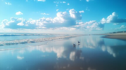 Two seagulls walk along a sandy beach at low tide under a bright blue sky with fluffy white clouds.