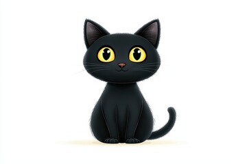 Fototapeta premium A cute black cat with bright yellow eyes sitting on a white background.