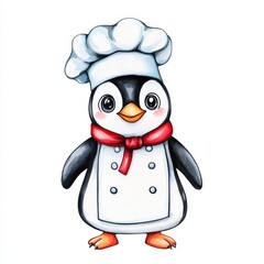 Fototapeta premium A cute cartoon penguin chef wearing a white uniform and a chef hat, isolated on a white background.