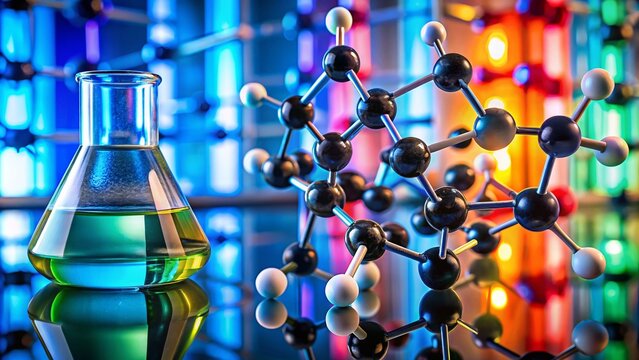 Isopropylbenzene Chemical Structure and Molecular Model in Laboratory Setting with Glassware Background