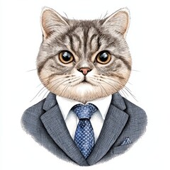 A humorous illustration of a cat dressed in a business suit and tie, showcasing a quirky and playful side of office culture.