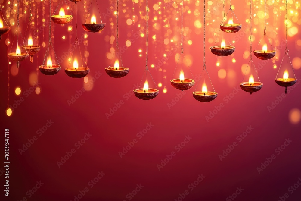 Poster a collection of lit candles suspended from strings, creating a warm and cozy ambiance