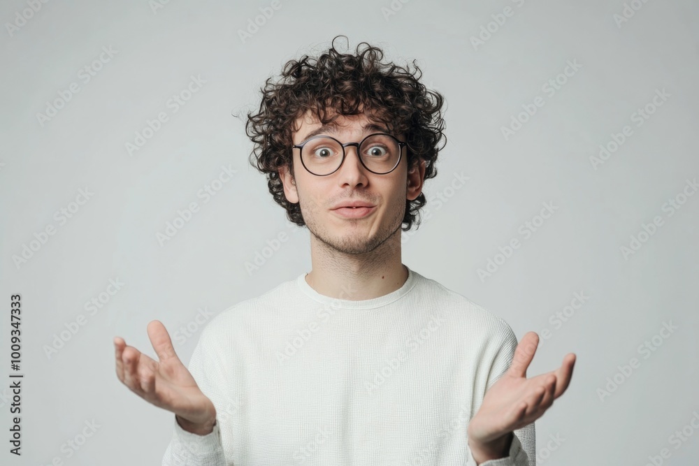 Poster a person with curly hair and glasses making a facial expression, suitable for use in editorial or ed