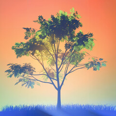 Obraz premium Tree glowing in sunlight with orange and blue gradient sky