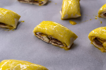 Banana Nutella Puff Pastry swirls. Dessert. food concept