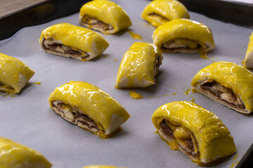 Banana Nutella Puff Pastry swirls. Dessert. food concept