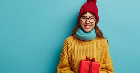 Fototapeta premium Positive young woman with a gift box, showcasing style.