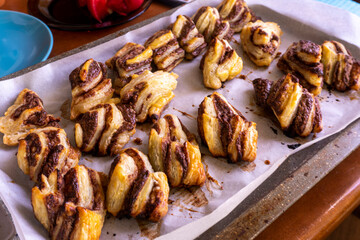 Banana Nutella Puff Pastry twists. Dessert. food concept