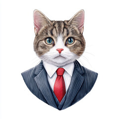 A stylish cat portrait wearing a business suit and tie, looking confidently at the viewer, against a white isolated background.
