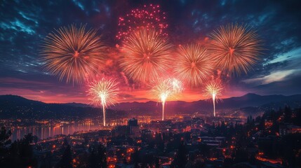 Naklejka premium stunning panoramic view of vibrant fireworks lighting up the night sky bursting with colors and energy creating a celebratory atmosphere over a cityscape backdrop
