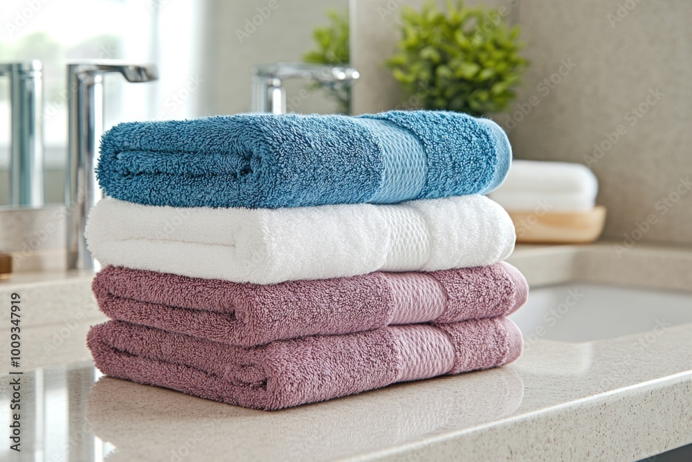 Poster Stack of towels sitting on a countertop, ready for use