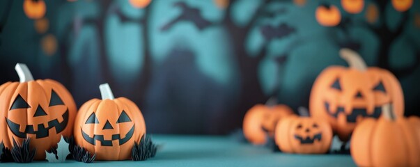 Halloween pumpkins with carved faces, festive and spooky ambiance.