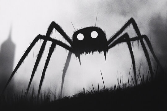 A large black silhouette of a spider with glowing white eyes looms ominously in a foggy setting creating a sense of dread and mystery
