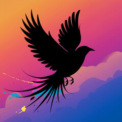 Obraz premium Black bird silhouette flying against vibrant sunset sky