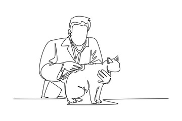 Single continuous line drawing male veterinarian examining and take care of a sick cat because of a bacteria. Pet health care service concept. Dynamic one line draw graphic design vector illustration