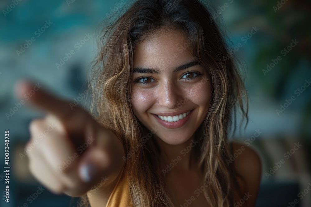 Poster a woman smiling and pointing at the camera, perfect for use in personal or commercial projects where