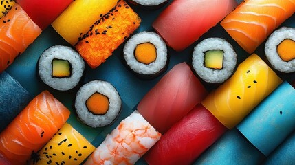 An abstract presentation of sushi rolls using geometric shapes and bright colors to create eye-catching patterns.