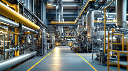 Inside a bustling industrial factory, workers in hard hats navigate among sleek machinery and an intricate network of pipes, emphasizing modern manufacturing