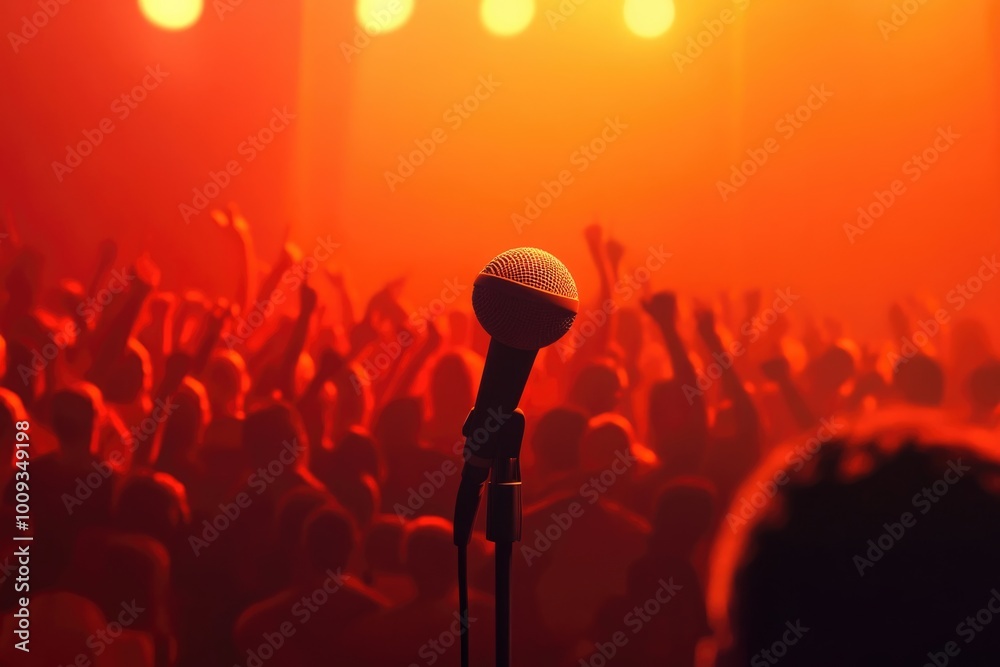 Poster a microphone in front of a crowd of people, ready to perform