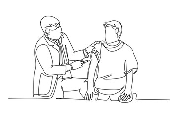 Single continuous line drawing of-helpful male doctor giving vaccine injection to male patient to cure illness. Medical health care treatment concept. One line draw graphic design vector illustration