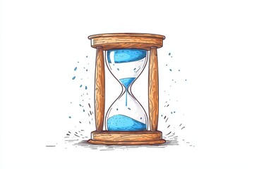 An illustrated hourglass filled with blue sand, symbolizing the passage of time, on a white isolated background.