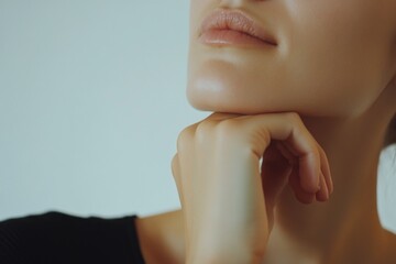 A close-up shot of a woman looking thoughtful, her hand resting on her chin