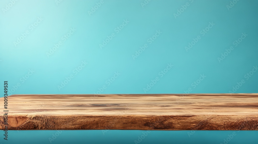 Wall mural a wooden table display for food or products, set against an eco-friendly blue background with free s