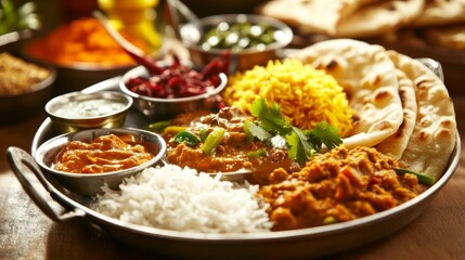 Authentic Indian Cuisine with Rice and Naan Platter
