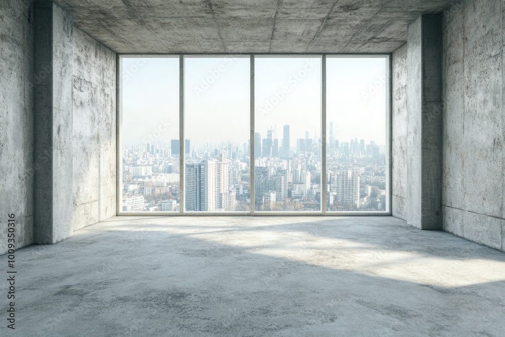 Poster Empty room with a cityscape visible through the window