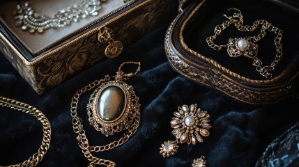 A collection of vintage jewelry displayed elegantly on a dark surface.