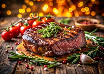 Juicy Entrecot Steak Grilled to Perfection with Herbs and Spices on a Rustic Wooden Table Setting