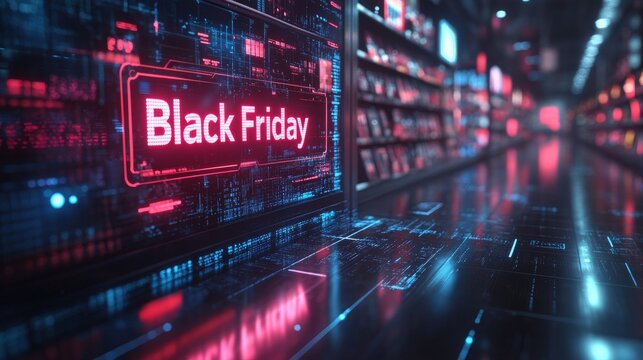 Digital storefront announcing Black Friday deals in a futuristic shopping environment at night