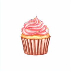 Delicious cupcake with pink frosting and colorful sprinkles, perfect for dessert lovers.