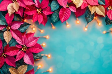 Vibrant poinsettia flowers with warm lights on a soft blue background.