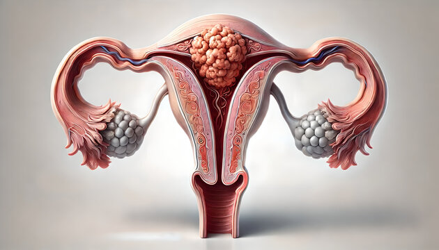 Uterine cancer. cross-section of uterus, layers endometrium, myometrium, cervix. Emphasize cancerous growths, tumors within endometrium, contrasting them with normal tissue. 