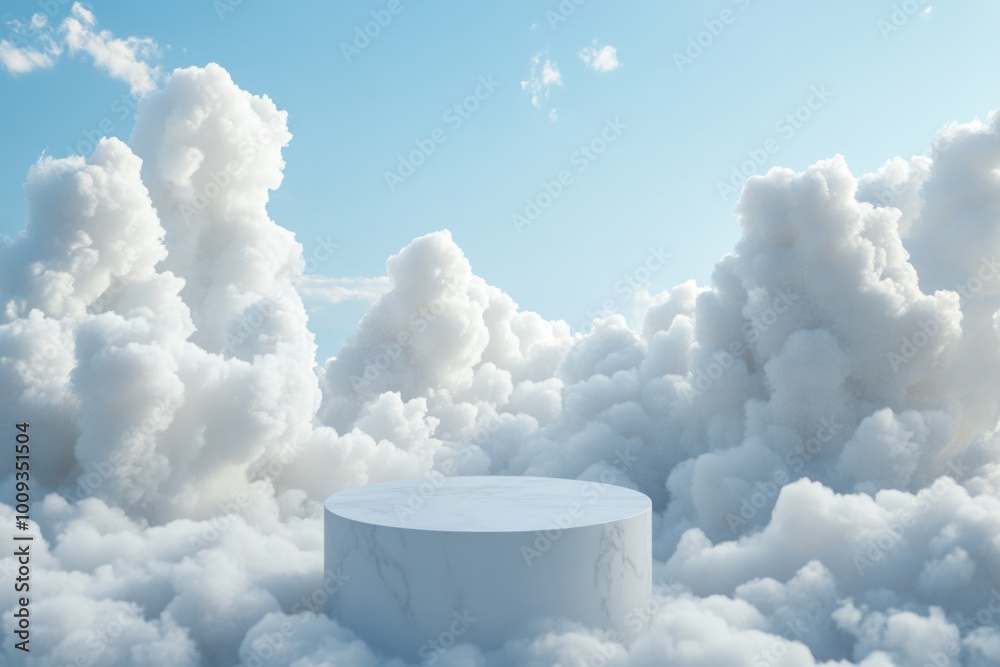 Poster a white pedestal stands alone in a cloudy sky, ideal for use in abstract or futuristic scenes
