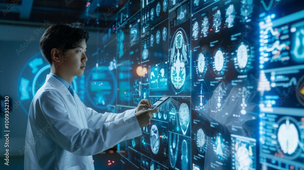 Poster a man in a white lab coat is looking at a computer screen with a lot of images o