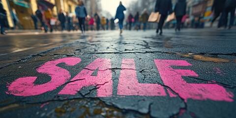 A close-up of a pink Sale inscription on the asphalt against a background of blurred people with colorful bags. The concept of discounts and sales