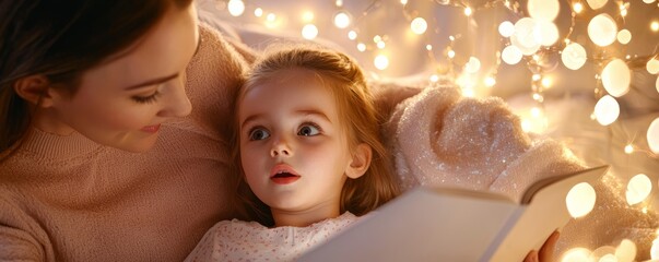 A mother reading a fairy tale to her daughter, who is lying under a warm blanket with wide eyes, in a softly lit bedroom. © Wimon