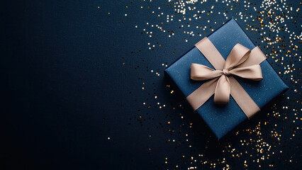 Blue gift box with a gold ribbon and gold confetti on a blue background.