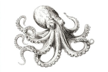 A black and white illustration of an octopus