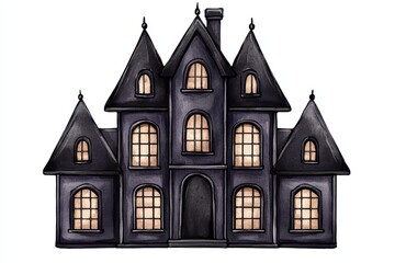 Fototapeta premium Haunted mansion illustration, featuring gothic architecture and glowing windows on a white isolated background.