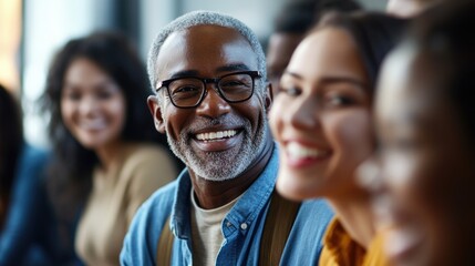 Obraz premium A group of people sit together, smiling and chatting