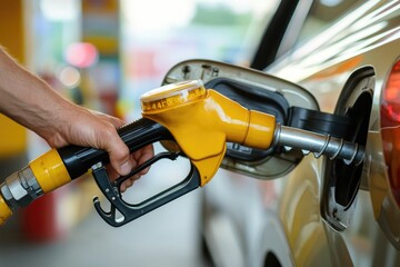 A person filling up a car at a gas pump, with a gas station background
