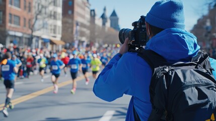 A person capturing the action at a marathon event with a camera