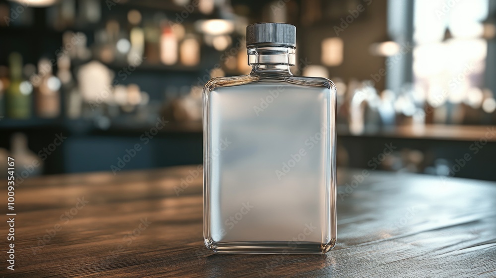Poster a simple scene with a water bottle placed on a wooden table, perfect for use in still life photograp