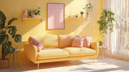 Interior of a living room with colorful on hangers, a round coffee table, and a white sofa against a blue wall with a poster mockup in a maximalist style home decor photography. 