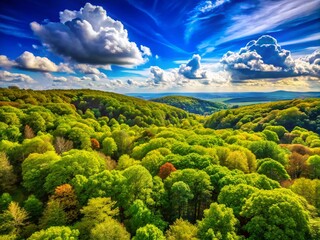 Fototapeta premium Lush Broadleaf Trees in a Serene Forest Landscape Under Bright Blue Sky During Sunny Daylight Hours
